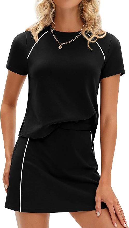 PRETTYGARDEN Women's 2 Piece Skirt Sets Matching Clothing | Short Sleeve Shirts,Color Block Tops,Mini Skirts with Shorts Pockets,Skort Set,Workout Active Wear,Tennis Golf,Summer Outfits