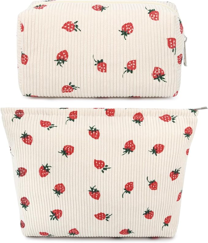 SOIDRAM 2 Pcs Cute Makeup Bag Large Cosmetic Bag Toiletry Bag Makeup Pouch Travel Bag Organizer Cute Makeup Brushes Aesthetic Accessories Storage Bag for Women Strawberry Beige