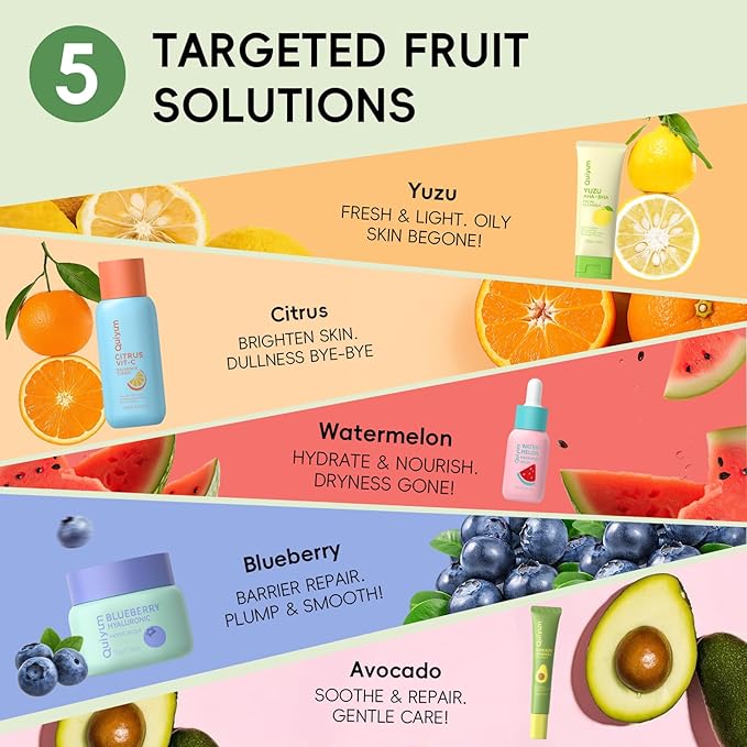 Fruit Skincare for Teens, 5 Daily Routine Beauty Skin Care Sets - Exfoliating, Smooth, Clean, Oil Control, Firm, Hydrating, Glow Up, Facial Skincare Gift Set for Girls Women, for All Skin Types