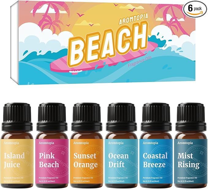 Beach Essential Oils, Aromtopia Diffuser Fragrance Oils Set, 6x10ml, Essential Oils for Diffusers for Home, Candle Soap Making Scents, Pink Beach, Ocean Drift, Coastal Breeze and More