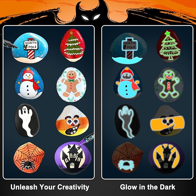 JULEASEL Rock Painting Kit, Glow in The Dark Rock Craft Paint Kits, Arts and Crafts for Kids Ages 6-12, Holiday DIY Crafts for Girls & Boys with Mess-Free Pens Markers
