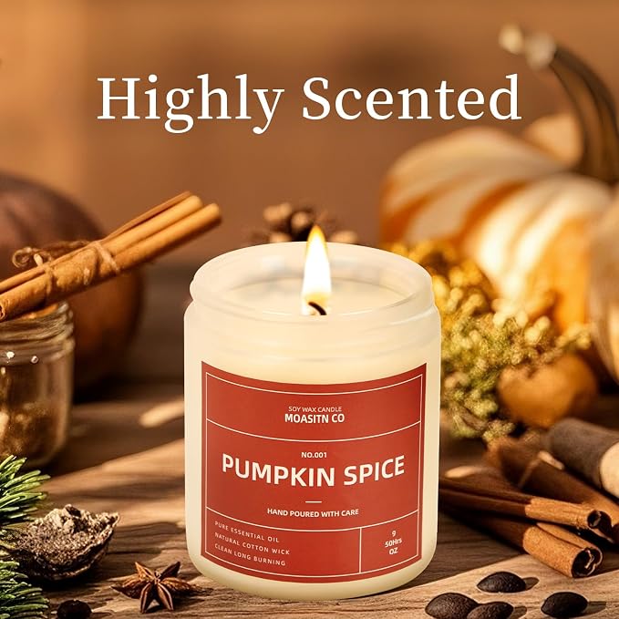 MOASITN Pumpkin Spice Fall Candle for Home Scented| Organic Soy Non Toxic Candles| Long Clean Burning Aromatheraphy Jar Candel| Women,Men Gift for Autumn,Winter,Relaxing| 9oz (9oz, pumpkin spice fall)