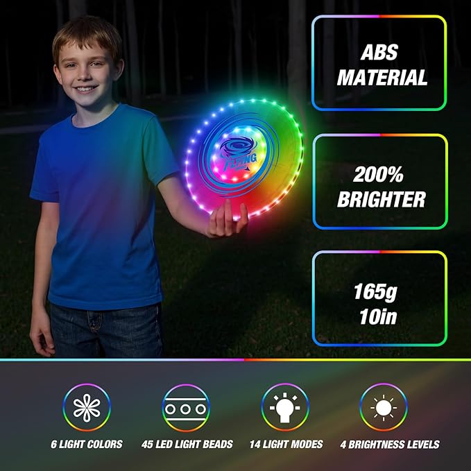 HYES 2 Pack Light up Flying Discs for Kids, 45 LEDs, 14 Lighting Modes, Rechargeable Glow in The Dark Flying Ring for Beach, Camping, Outdoor Game, Sport Toys for Teens Boys Adult