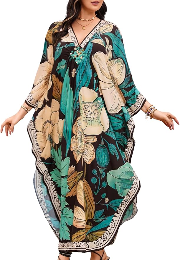ChiaoLezhee Print Moo-Moos for Women, Kaftan Cover-Up Dresses, Sexy V-Neck High-Slit, Beach Pool-Party Coverups Muumuu Plus