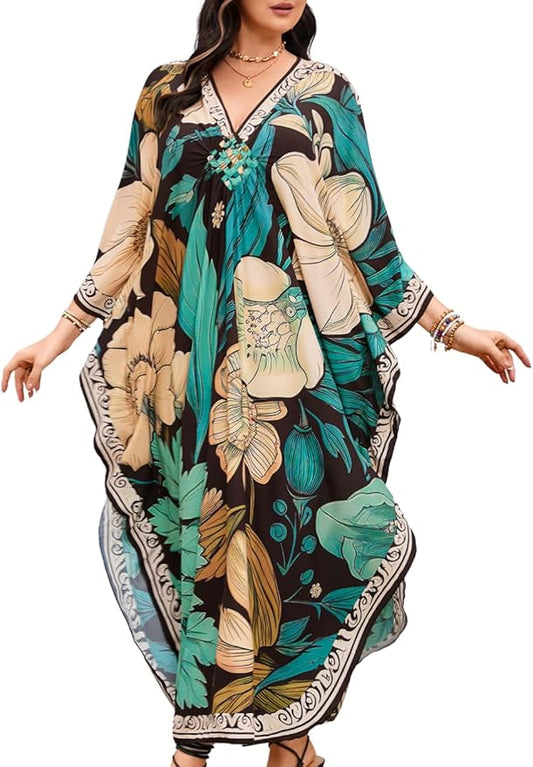 ChiaoLezhee Print Moo-Moos for Women, Kaftan Cover-Up Dresses, Sexy V-Neck High-Slit, Beach Pool-Party Coverups Muumuu Plus