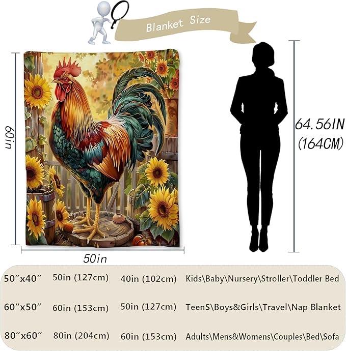 Chicken & Sunflower Blanket, Soft Warm Lightweight Flannel Throw Blanket for Couch, Bed, Travel & Outdoor, Cozy Fuzzy blankets for Women Boys Girls, Home Decor 50×40 in