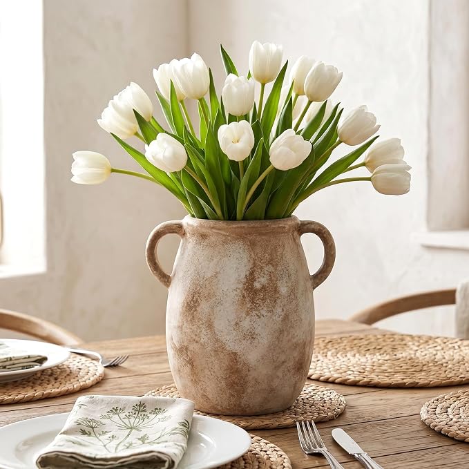 Ceramic Flower Vase with Handles, 7.9in Farmhouse Table Rustic Vases, Waterproof Pottery Clay, Flower Terracotta Vases for Home Decor, Living Room,Table, Handcrafted (Terracotta)