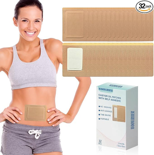32 Pcs Castor Oil Patches, Castor Oil Pack Wrap with Anti Leakage Cotton for Belly/Feet/Knee (Oils Not Included), 5.1" x 3.9"