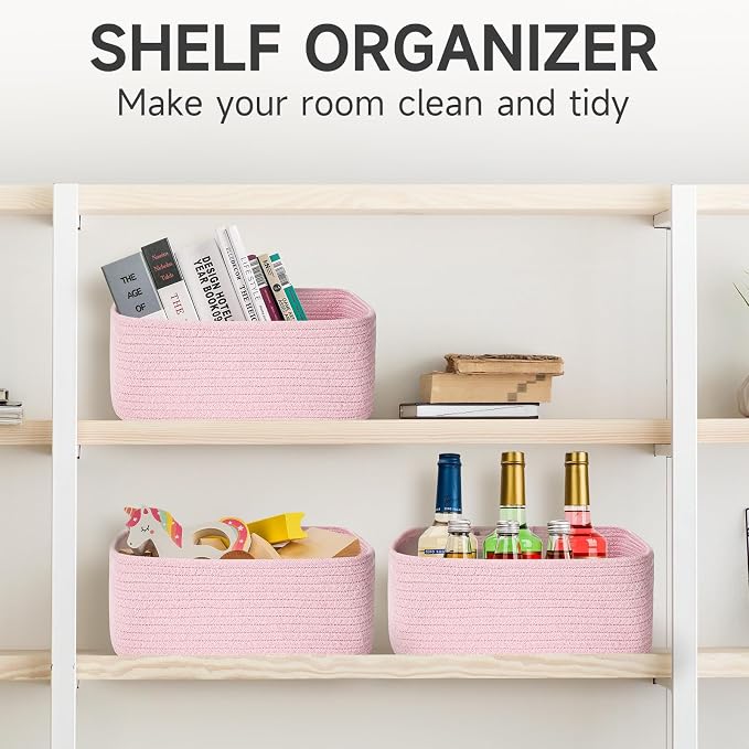 3 Pack Small Storage Baskets for Organizing, 11.8×7.8×5.1", Mixed Pink | Woven Baskets for shelves, Cotton Rope Basket for Gifts Empty, Closet Organizer Bins with Handles, Cube Decorative Box