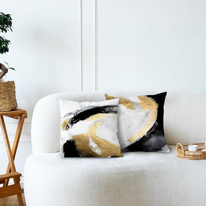 Abstract Black White and Gold Pillow Covers 16x16 Set of 2 - Modern Pillow Covers, Modern Home Decor, Black and Gold Decorative Pillows Cover for Couch Living Room Bedroom
