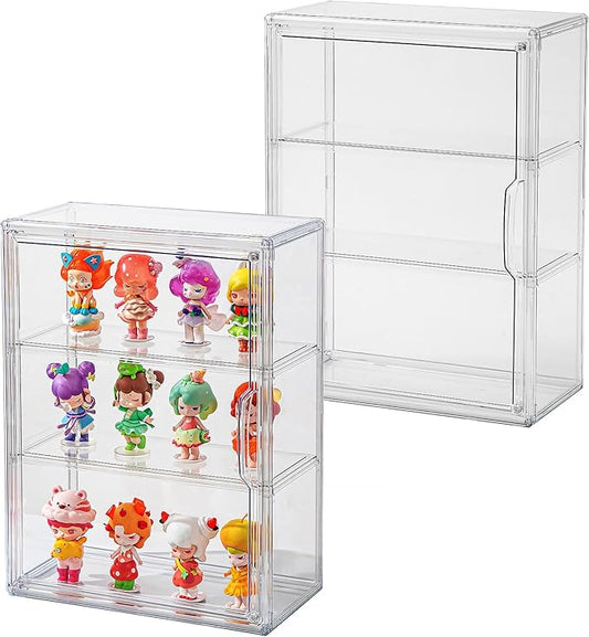 2 Pack Clear Display Case for Figures with Magnetic Door, Acrylic Display Cases for Collectibles, 3Tiers Acrylic Storage Organizers Box, Desktop or Wall-Mounted Showcase for Collectibles Action Figure