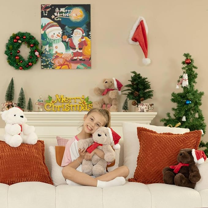 MorisMos Teddy Bear Stuffed Animal, 14'' Christmas Teddy Bear 2025 with Santa Hat & Scarf, 180° Joints Posed Plush Toy, Soft Stuffed Christmas Toys for Kid Girl Boy Max Decoration Birthday Gift, Brown