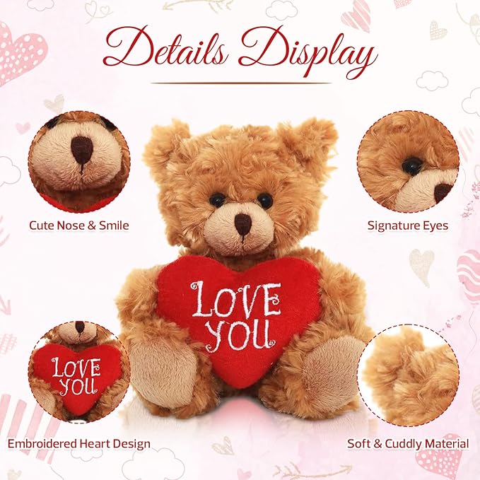 Plush Stuffed Animal Mocha Heart Bear – Love You Bears- Toy for Kids & Adults Valentine's Day - Embroidered Heart Pillow (9 inch, Love You)
