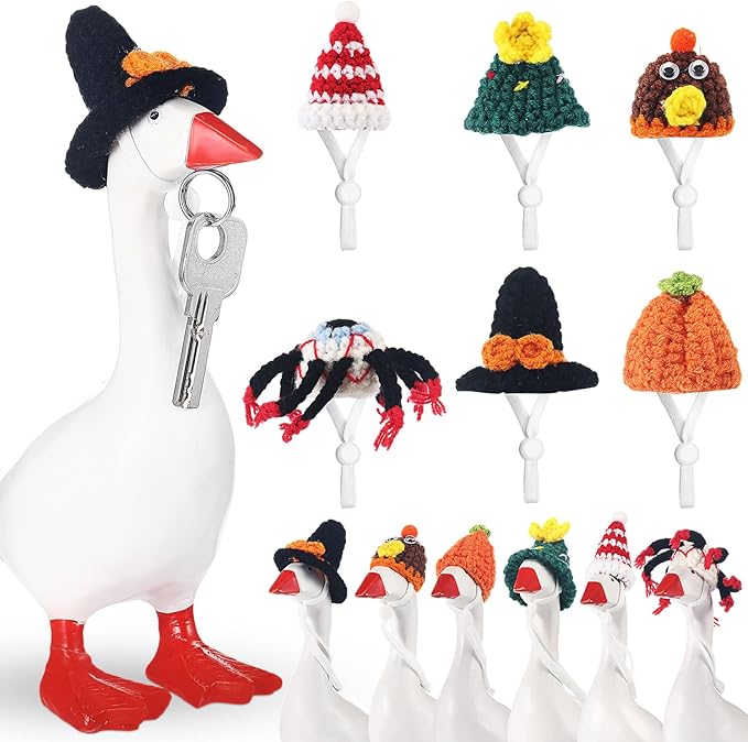 Geyoga 6 Pcs Mini Knitted Hats 7 Inch Goose Outfits Hat with Adjustable Strap Mini Porch Goose Headwear for Statue Key Holder