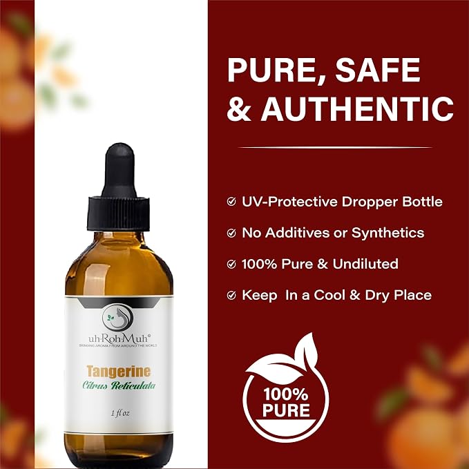 Tangerine Essential Oil, Citrus Reticulata, Cold Pressed Citrus Peel Oil, Sweet Citrus Aroma for Aromatherapy, Diffuser, Massage, Skin Care, Natural Fragrance Oil for Blends – 1 Fl oz