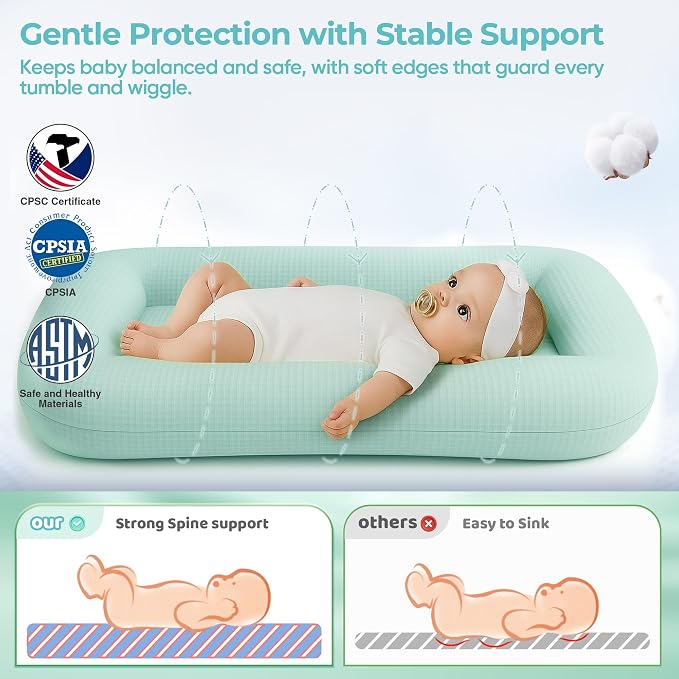 Infant Support Cushion - Baby Support Cushion for Newborn, 0-24 Months, Breathable Cotton Fabric Infant Support Cushion, Portable Newborn Essentials for Home and Travel, Blue (Cover Included)