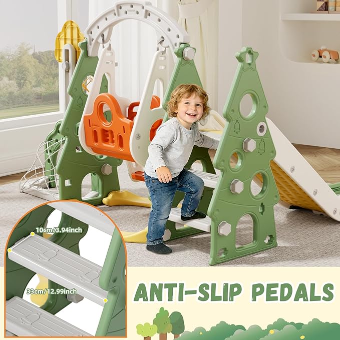 XJD 6-in-1 Toddler Slide and Swing Set, Kids Slide for Toddlers Age 1+, Toddler Outdoor Playset with Basketball Hoop, Football Frame, Swing, Christmas Birthday Gifts for Kids (Green)