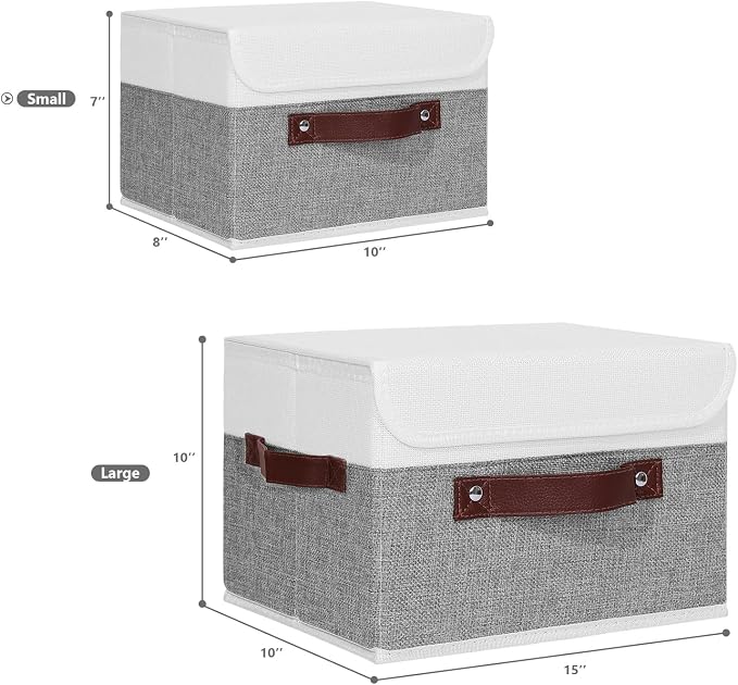 ANMINY Fabric Storage Box Bins with Lids, Gray White, 10"x8"x7" | Keepsake Memory Storage, Cotton Linen, PP Board Reinforced, Washable, PU Handles, Foldable & Stackable, Decorative, Small