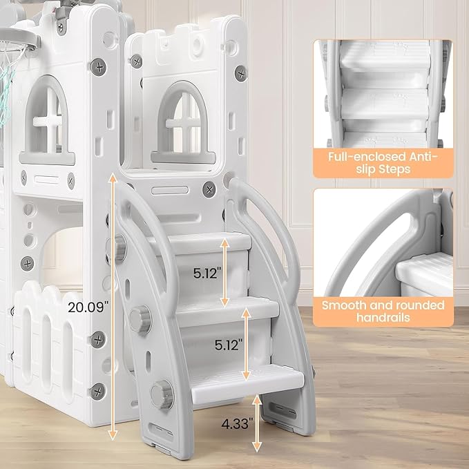 GarveeLife 8-in-1 Toddler Indoor Playground with Slide: Baby Slide Playset for Toddlers Ages 1-3 Outdoor Play, Kids Slide Includes Basketball Hoop, Climber, Crawling Tunnel, Telescope, Toy Storage