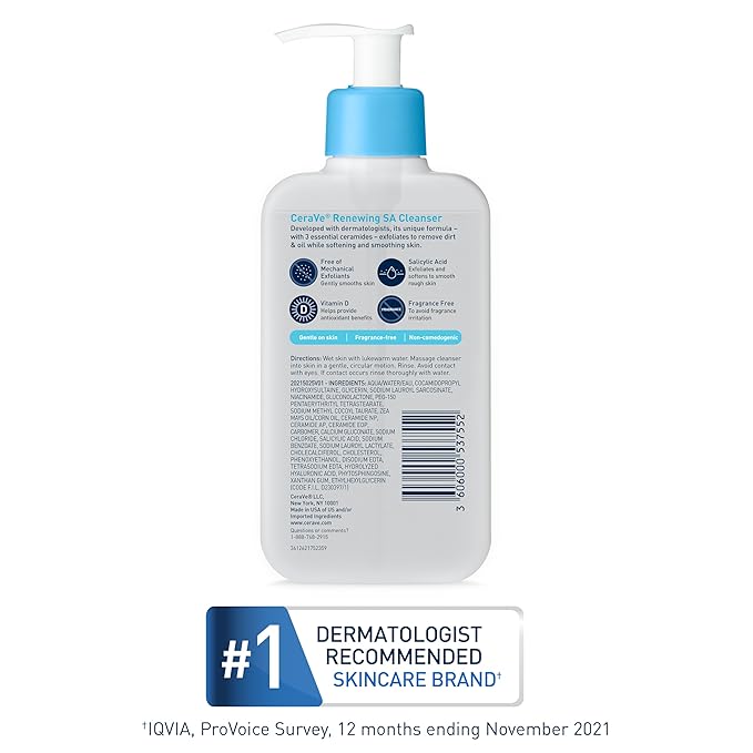 CeraVe Renewing Salicylic Acid Cleanser, Formulated With Hyaluronic Acid, Niacinamide, & Ceramides, Gentle BHA Exfoliating Face Wash Smooths & Softens Skin, Non Comedogenic & Fragrance Free, 8 Ounce