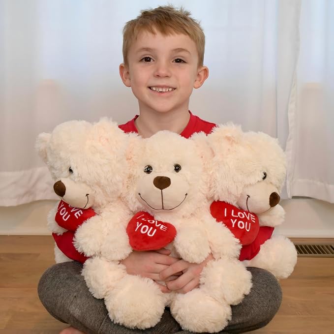12" Teddy Bear with Heart, Cute Cream Teddy Bear Stuffed Animals for Valentines Soft Bear Plushie Toy Stuffed Bear Plush Gifts for Girlfriend Kid, Christmas