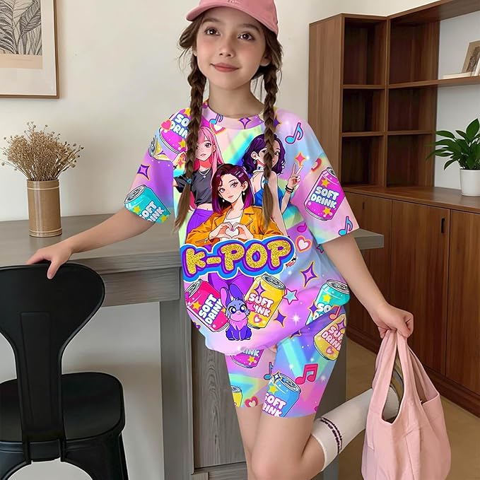 K-POP DEM0N Hunters Outfits for Girls, 2 Piece T-Shirts and Apparel Sets Birthday Gift