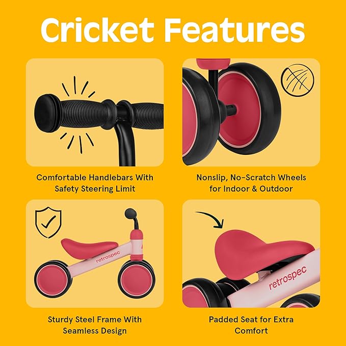Retrospec Cricket Baby Walker Balance Bike with 4 Wheels for Ages 12-24 Months - Baby Toys & Toddler Toys for 1 Year Olds - Ride On Bicycle - Boys & Girls
