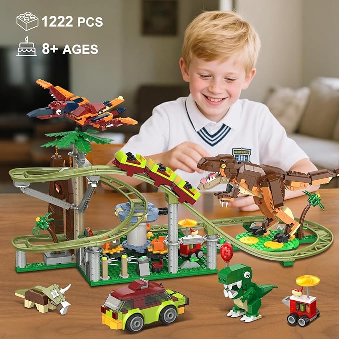 HOGOKIDS Dinosaur Roller Coaster Building Set - 1222PCS Rollercoaster Building Toy with 4 Dinosaur, Off-Road Vehicle, Food Cart, Dinosaur Models Playset Gift for Adults Kids Girls Boys Ages 8-12 Year