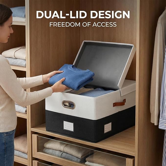 Storage Bins with Lids [3-Pack] Linen Fabric Foldable Storage Boxes Organizer Containers Baskets Cube with Cover for Bedroom Closet Office Grey&Black (23.4X15.9X11.4)