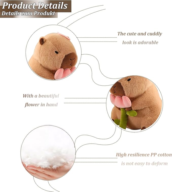 Capybara Plush Soft Animal Plush Toy Doll Pillow with Rose, Cute Capybara Stuffed Animal Plush Doll, Capybara Plushies Stuffed Toy Rodent Stuffed Animal Doll Gifts for Adults Kids Boys Girls (16 inch)