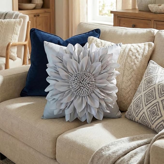 Grey Accent 3D Flower Decorative Throw Pillow Covers for Bed Sofa Couch | Bella's Giftshop Handmade Sunflower Taffeta Pillow Cases Living Room Bedroom Decor, 18x18 Inch