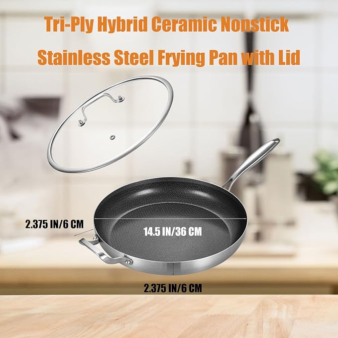 Inqibee 14.5-Inch Hybrid Ceramic Nonstick Chef's Pan with Lid | Tri-Ply Stainless Steel Skillet for Family Meals, Scratch Resistant Surface, Induction Compatible, Dishwasher & Oven Safe