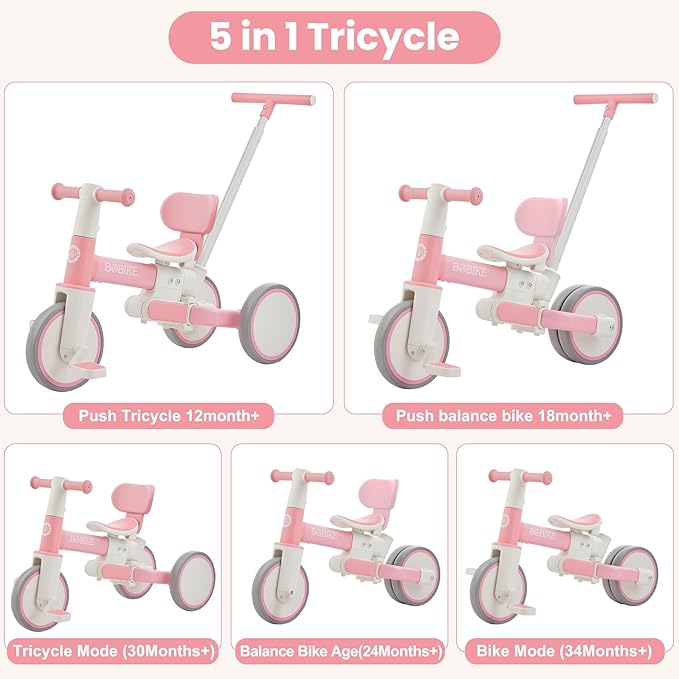 Bobike 5-in-1 Tricycle for Toddlers 18 Months to 5 Years Old, Toddler Bike, Kids Tricycle with Push Handle and Backrest, Toddler Balance Bike with Easy Assembly for Boys and Girls.(Pink)