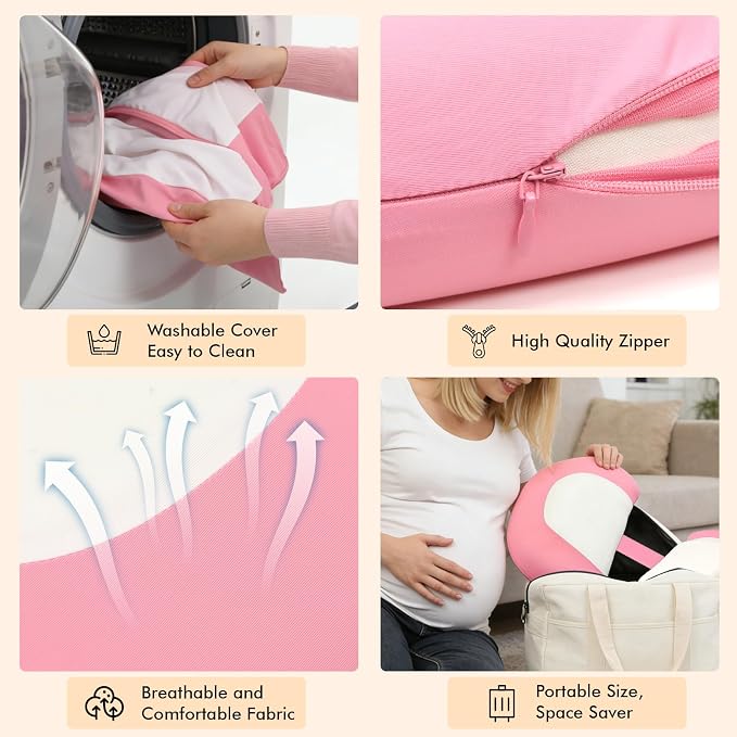 Pregnancy Pillows for Sleeping, Memory Foam W Shaped Maternity Pillow for Pregnant Women, Adjustable Travel Pregnancy Wedge Pillow with Cooling Removable Washable Cover, Support for Belly, Back(Pink)