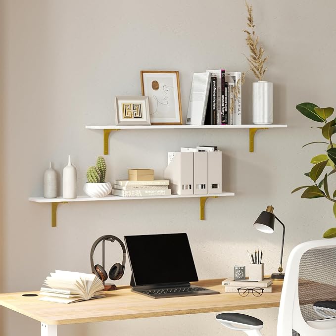 DINZI LVJ Long Wall Shelves, 39.4" Wall Mounted Shelves Set of 4, Large Floating Shelves for wall with Metal Brackets, for Living Room, Bathroom, Bedroom, Kitchen, White and Gold