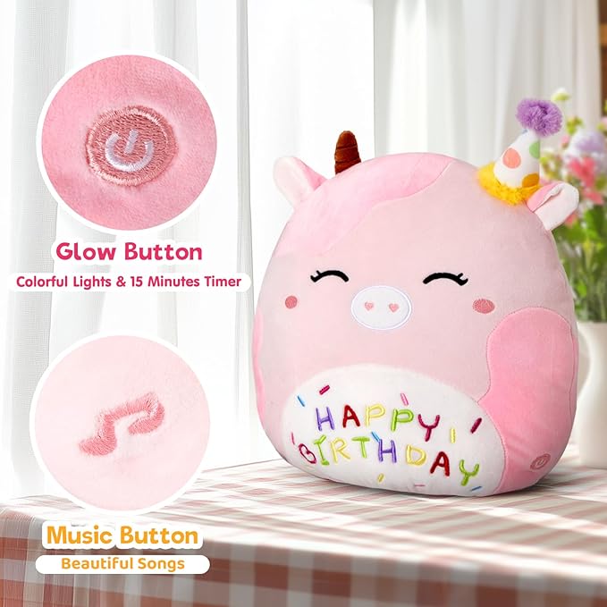 Light up Musical Happy Birthday Cow Plush Pillow,LED Stuffed Animals,Pink Cow Glowing Singing Plush Toy,Cute Plushie Doll Birthday Gift for Toddler Boys Girls,14''