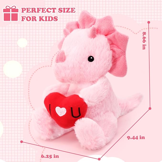 Valentine's Day Gifts for Kids, Pink Dinosaur Stuffed Animal with Heart, Cute Soft Triceratops Plush Gift for Him, Her, Boyfriend, Girlfriend, Families, Birthday Anniversary to Show Love