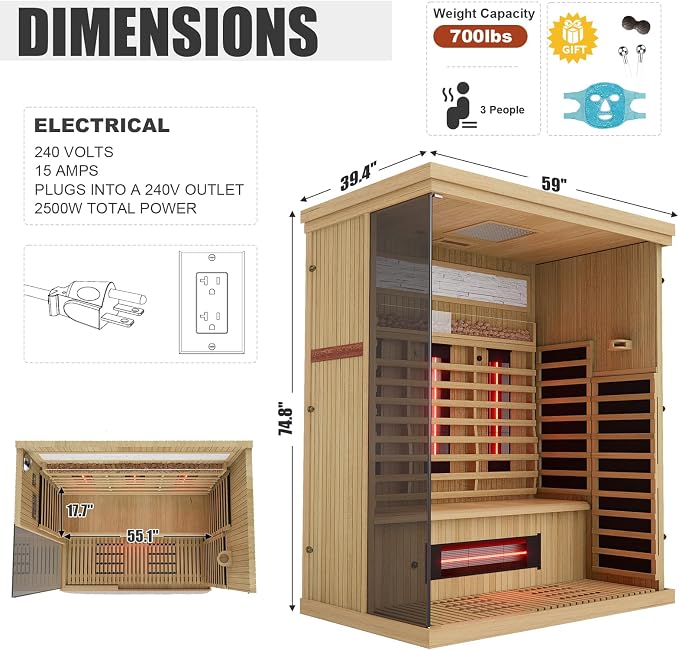 MEISSALIVVE Full Spectrum Sauna for Home, 3 Person Indoor Infrared Spa Room with 10 Minutes Warm-up Heat, Canadian Hemlock Wood Home Sauna with Bluetooth and Tempered Glass