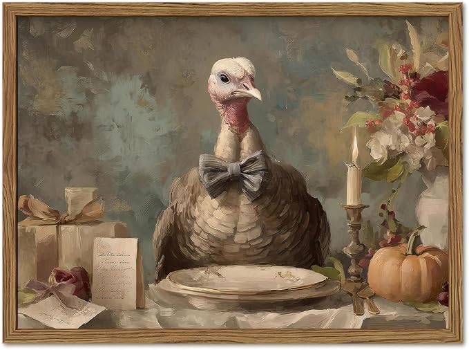 Funny Turkey Wall Art, Whimsical Rustic Bird Wall Decor Painting Cottagecore Animal Canvas Prints Artwork for Living Room Bedroom Bathroom 16x24 inch Wood Framed
