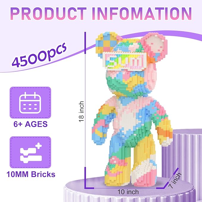 Bear Building Blocks with Organizer Bins (4500PCS), Fluorescent Bricks & Stroage Drawer, Gift for Adults & Kids, Ideal for Home & Office Decor, QR Code User Manual, 8886