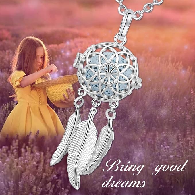 INFUSEU Dreamcatcher Necklace Aromatherapy Gifts Essential Oil Diffuser Lava Rock Stone Pendant Native American Indian Jewelry for Women Dream Catcher Feather Spiritual Meditation Items