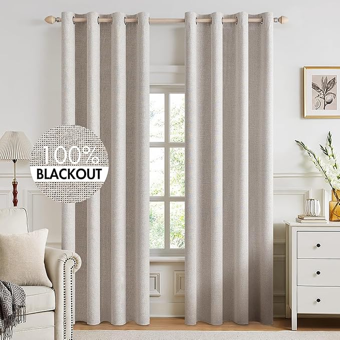 MIULEE 100% Blackout Linen Textured Curtains for Bedroom Solid Thermal Insulated Ivory Grommet Room Darkening Curtains & Drapes Luxury Decor for Living Room 52 x 92 Inch (2 Panels)