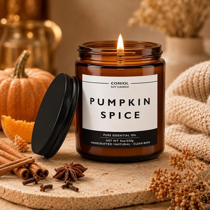 Pumpkin Spice Scented Candles for Home, Natural Soy Wax Candle with Essential Oils, 9oz Amber Jar Aromatherapy Candel, 50H Long & Non-Toxic Burning, Hand Poured, Giftable, Relaxation, Birthday
