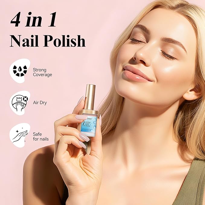 4-in-1 Pink Nail Polish, Gel-Like Nail Polish Quick Drying Light Pink Natural Long Lasting Color No UV Needed for Valentine's Day Gift Nail Art Manicure DIY at Home