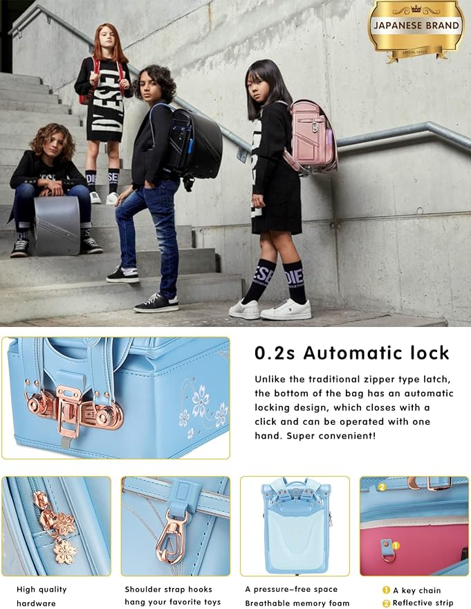 IwaiLoft Ransel Randoseru Backpack Automatic Satchel Japanese School Bag Cherry Blossom Sakura Embroidery PU Bookbag for Girls (Blue)
