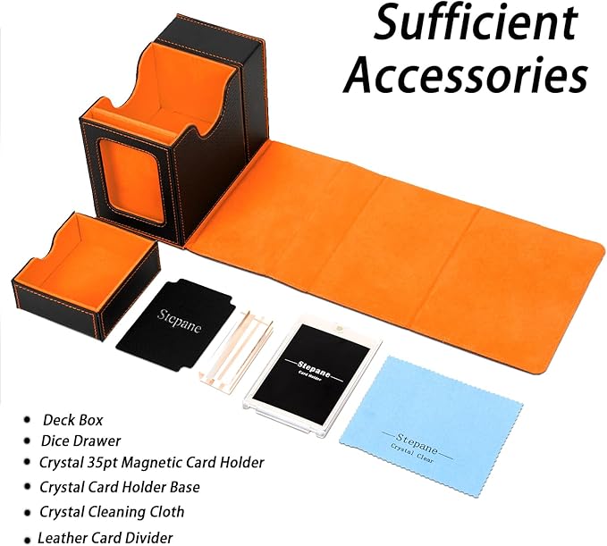 MTG Deck Box for Commander Display with Dice Tower, Fits 100 Double Sleeved Cards for TCG/PTCG, Cards Storage Case with Dice Tray and 35PT Magnetic Card Holder (Black＆Orange)