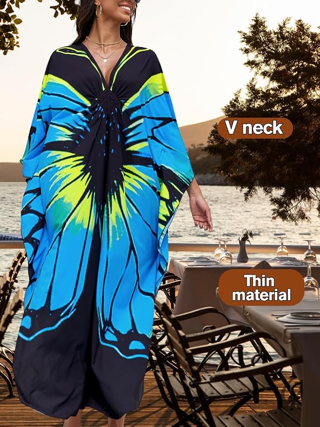 ChiaoLezhee Print Moo-Moos for Women, Kaftan Cover-Up Dresses, Sexy V-Neck High-Slit, Beach Pool-Party Coverups Muumuu Plus