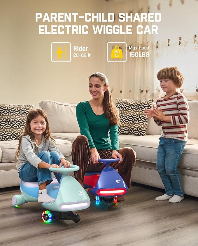 FanttikRide N7 Pro Electric Wiggle Car, Rechargeable Battery, CyberWiggle, 2 in 1 Swing Car, 2 Speeds Max 4 Mph, Anti-Rollover, Flashing Wheels, Bluetooth, for Ages 3 and Up, 150 Lbs, Glacier Blue