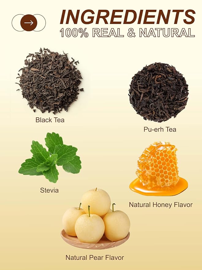 TeeLux Pear Honey Pu-erh Tea Bags, Premium Black & Pu-erh Blend with Natural Pear & Honey Flavor, Smooth & Sweet, 50 Count
