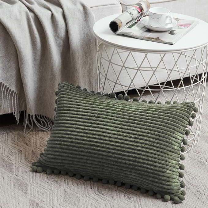 Fancy Homi 2 Pack Olive Green Lumbar Decorative Throw Pillow Covers 12x20 Inch with Pom-poms for Couch Bedroom Sofa, Soft Corduroy Solid Rectangle Cushion Case 30x50 cm, Farmhouse Boho Home Decor